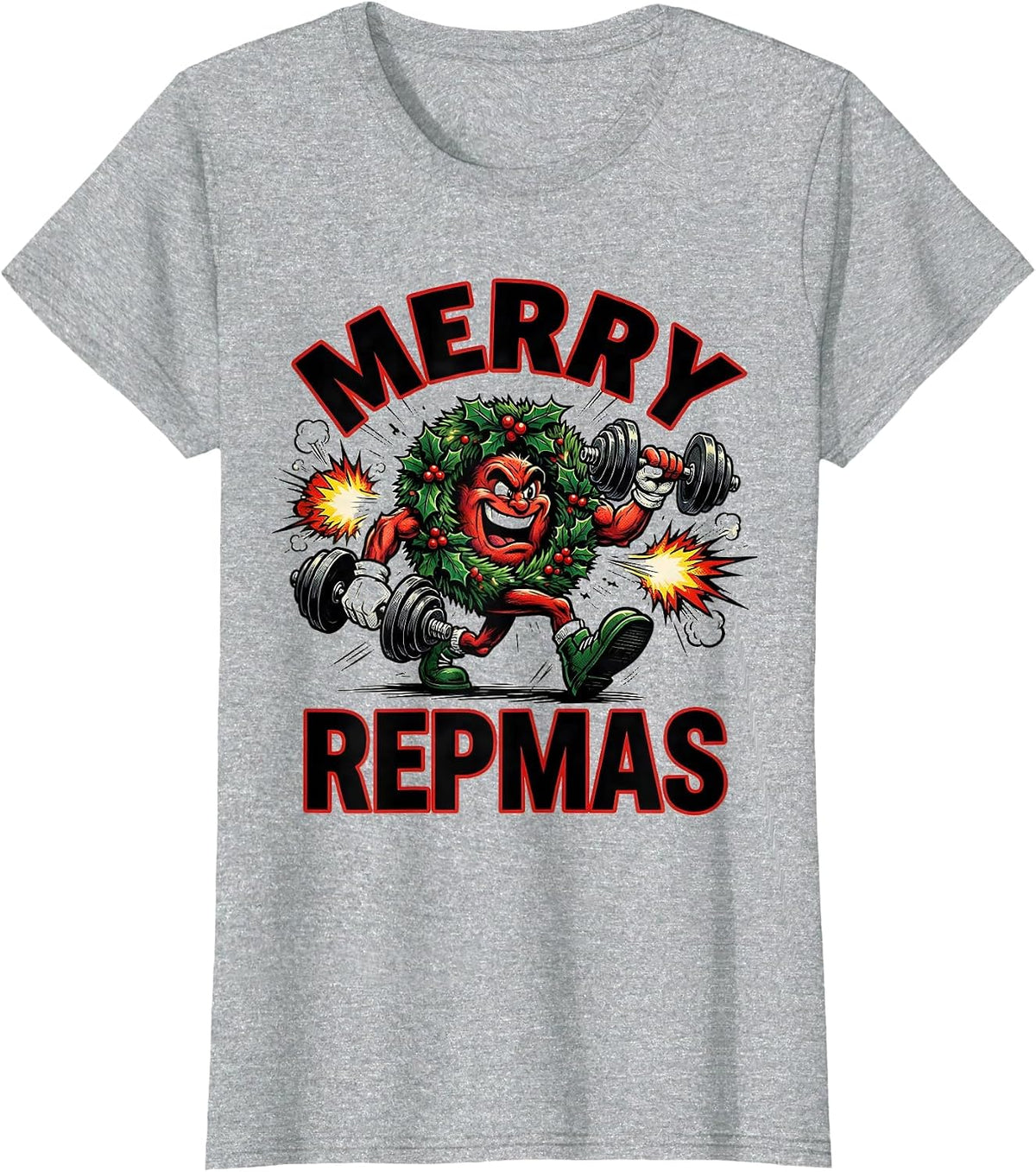 Women's Merry Repmas Comic Book Gym Workout Christmas Humor T-Shirt - Heather Grey