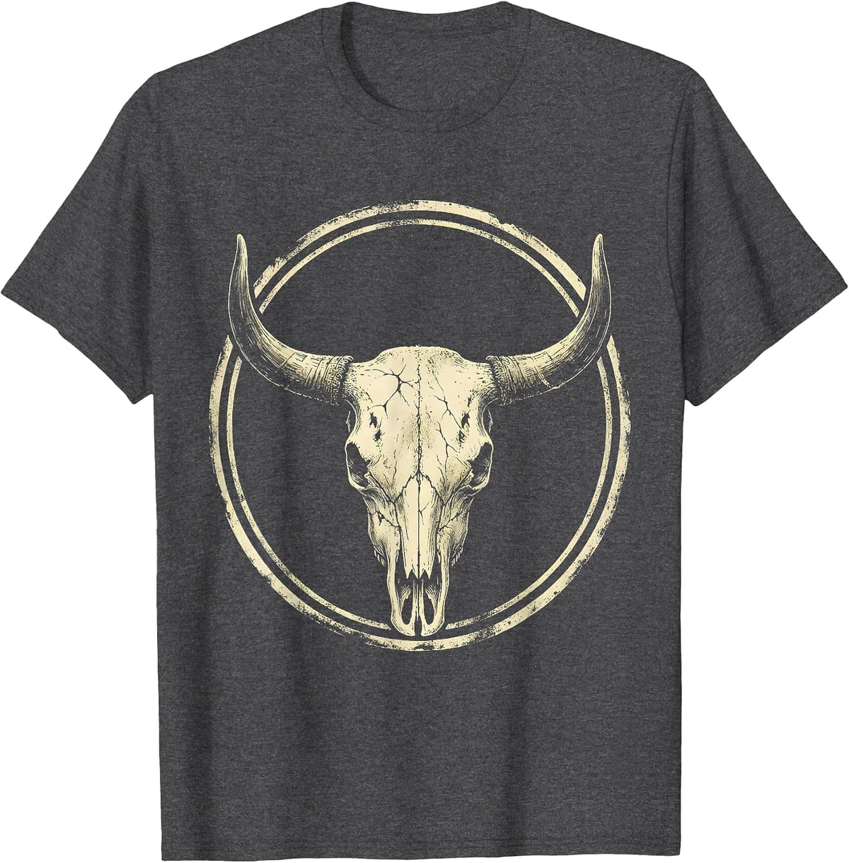Men's Cow Skull Desert Wildflowers Western Boho Design T-Shirt - Dark Heather Grey
