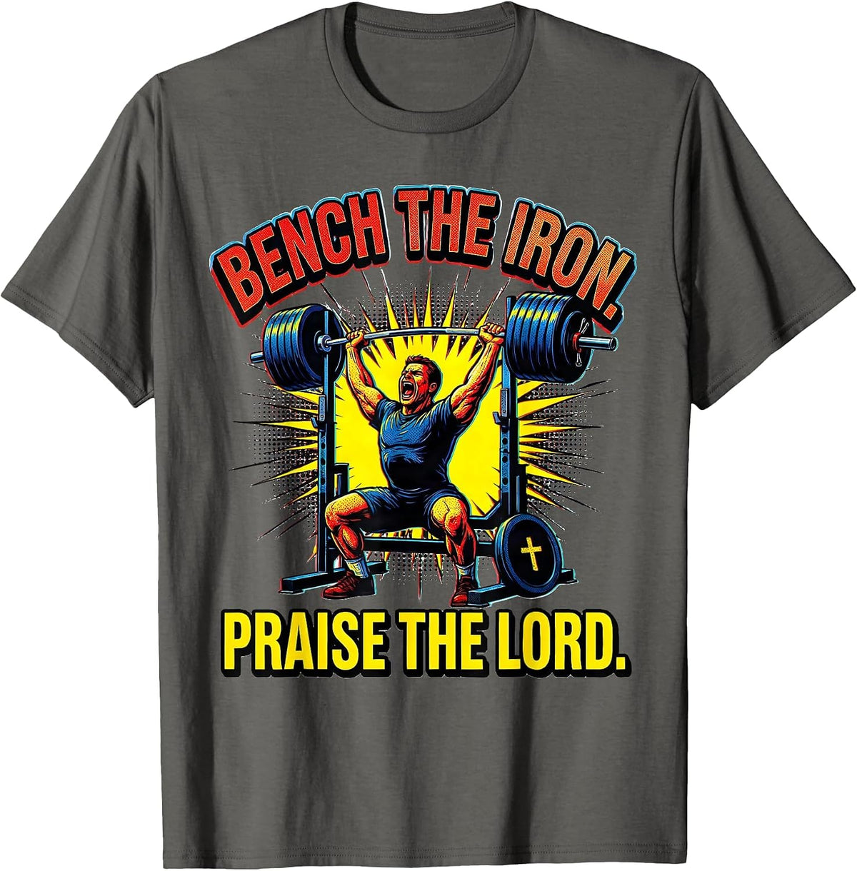 Bench the Iron Praise the Lord Pop Art Christian Gym Humor T-Shirt - Asphalt Grey