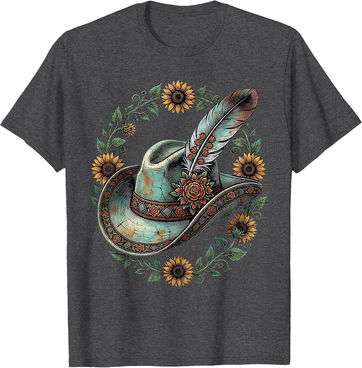 Cowgirl Hat Feather Turquoise Western Boho Design T-Shirt - Dark Heather Grey