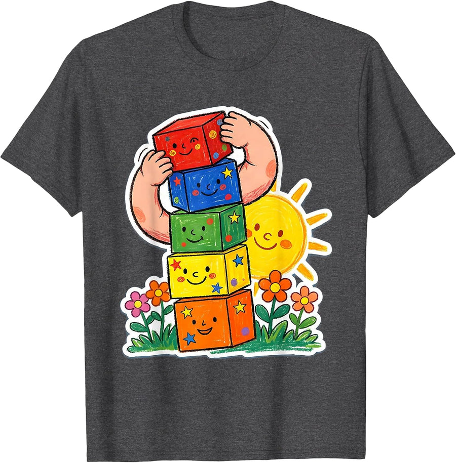 Men's PreK Teacher Colorful Alphabet Blocks Graphic T-Shirt - Dark Heather Grey
