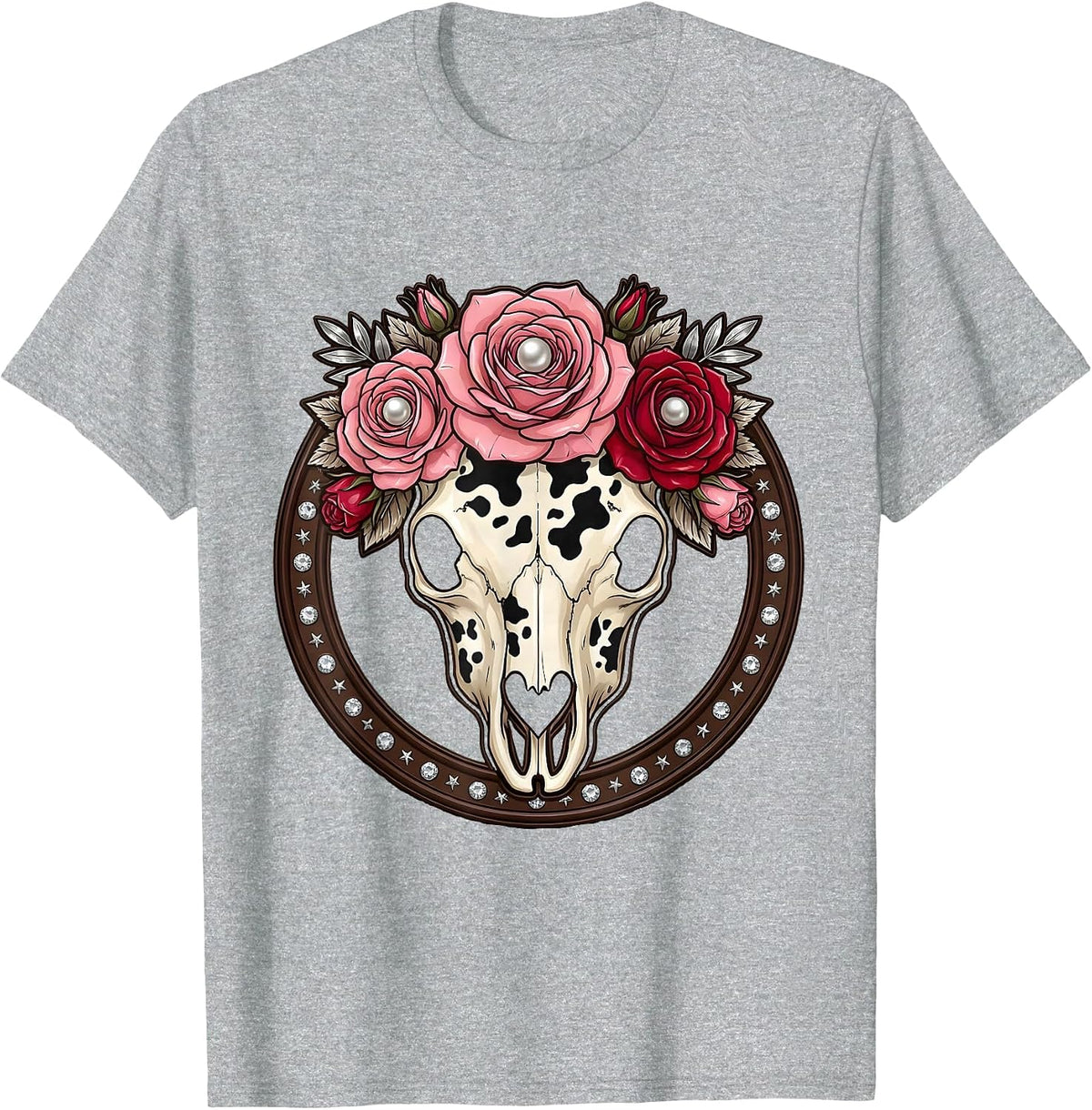 Men's Cow Print Floral Skull Boho Western Design T-Shirt - Heather Grey