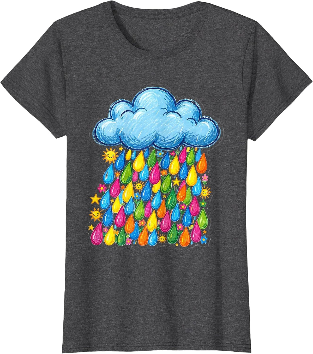 Women's Preschool Teacher Cloud Colorful Letter Rain Design T-Shirt - Dark Heather Grey