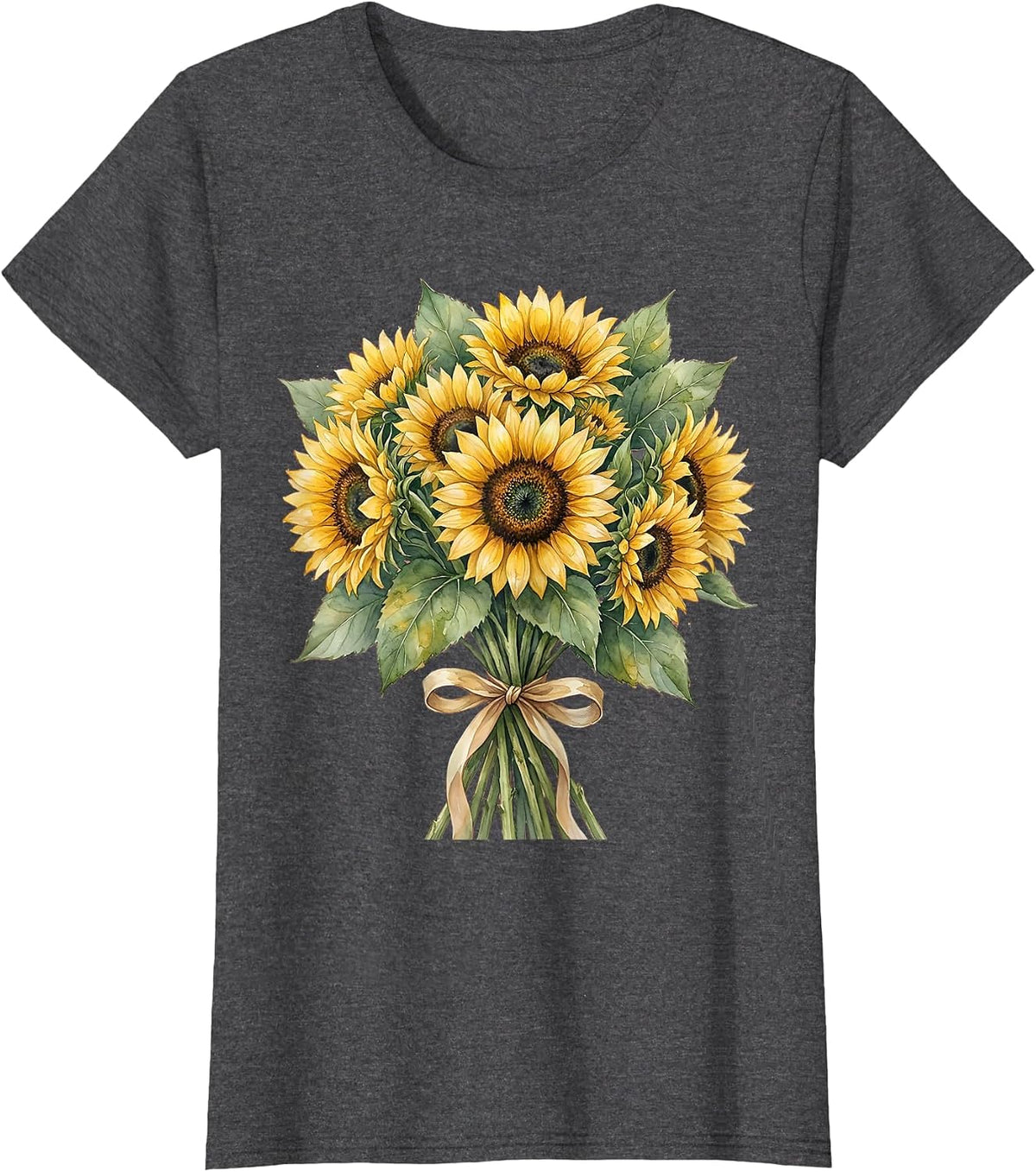 Women's Sunflower Bouquet Mom Ribbon Floral Graphic T-Shirt - Dark Heather Grey