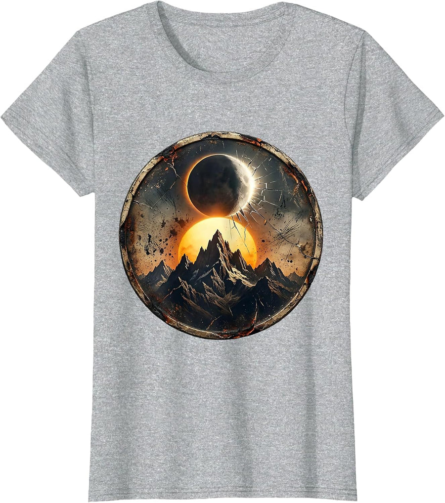 Eclipse Over Mountain Range Graphic Tee T-Shirt - Heather Grey
