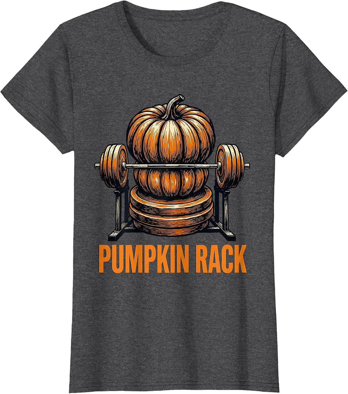 Women's Pumpkin Rack Linocut Funny Halloween Gym Workout Lifting Pun T-Shirt - Dark Heather Grey
