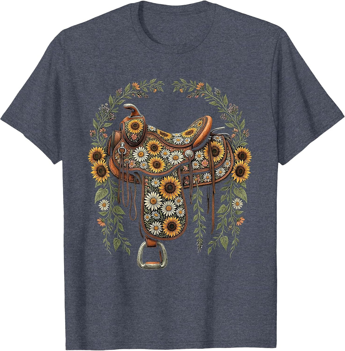 Western Saddle Wildflowers Boho Cowgirl Graphic T-Shirt - Heather Blue