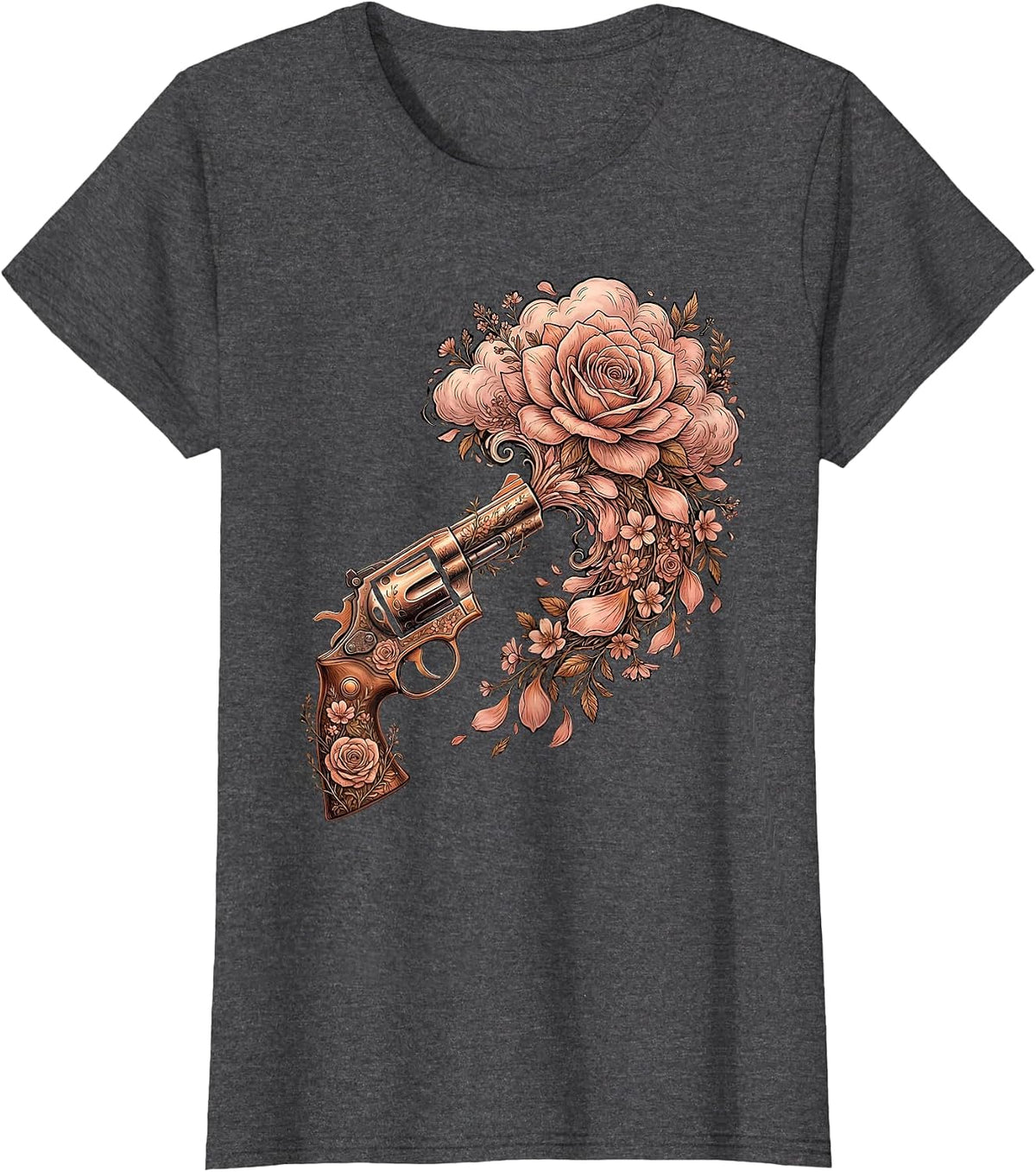 Women's Floral Revolver Western Wildflower Gun Design T-Shirt - Dark Heather Grey