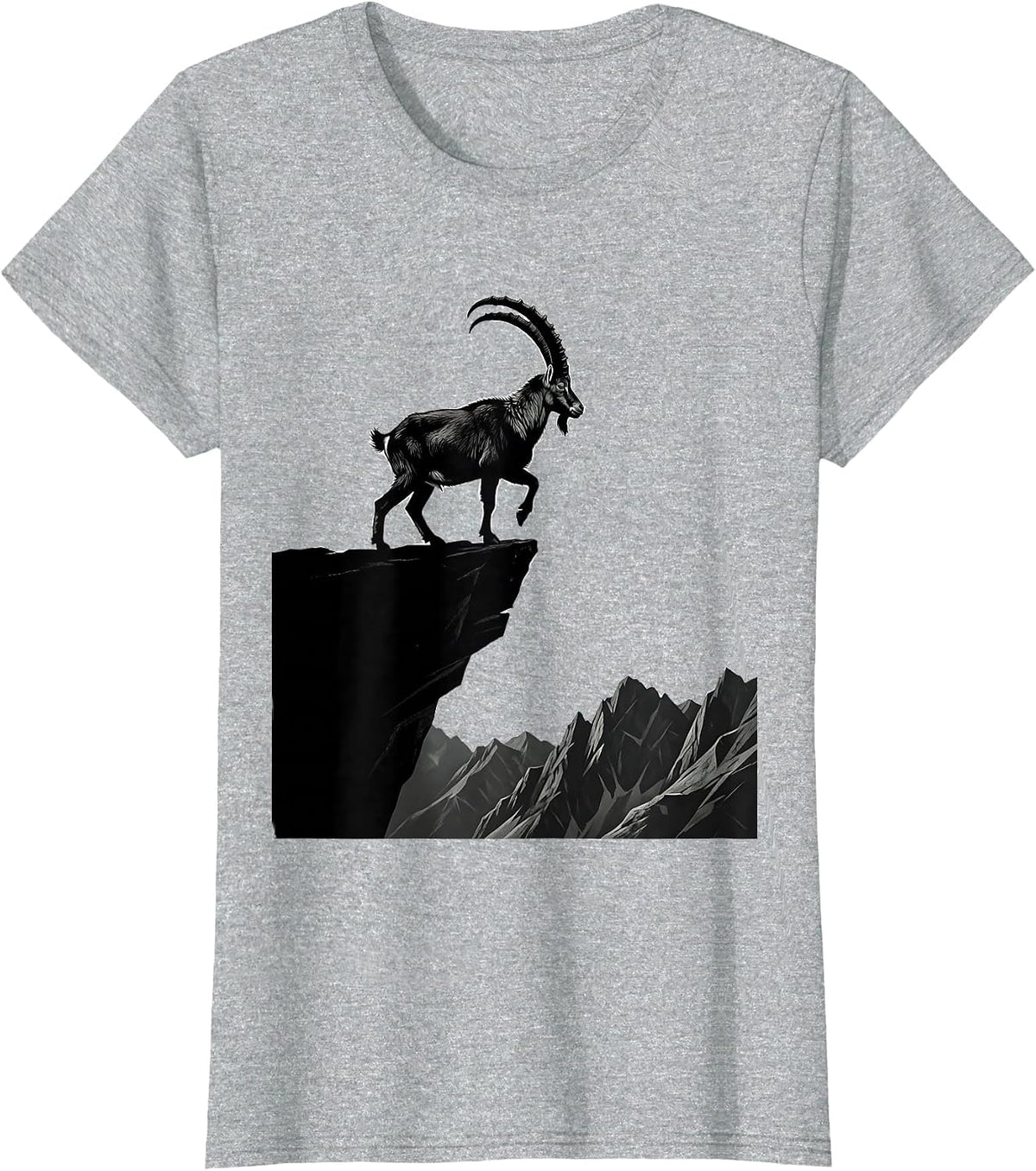 Women's Mountain Goat Cliff Edge Wildlife Illustration T-Shirt - Heather Grey