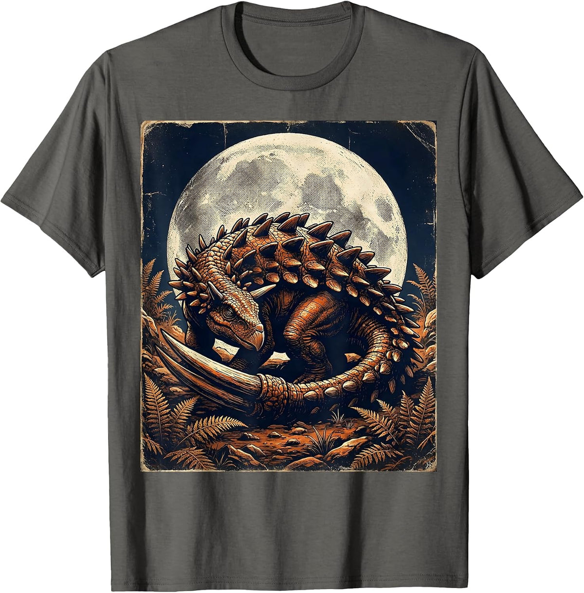 Ankylosaurus Moonlit Night Dinosaur Illustration T-Shirt - Asphalt Grey