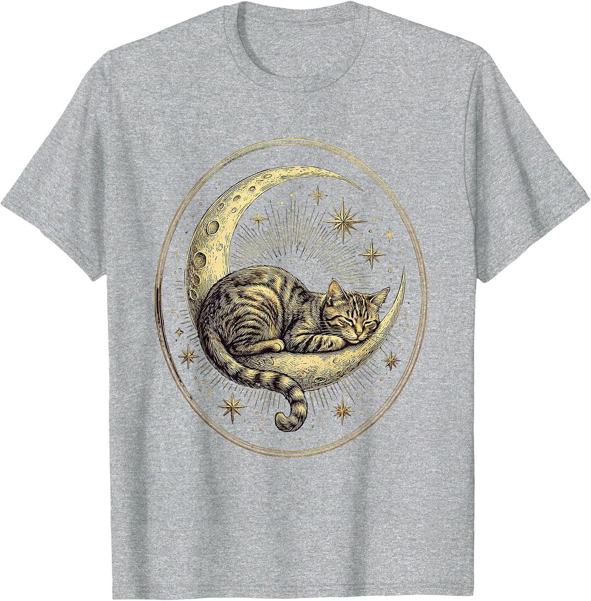 Men's Cat Draped Over Crescent Moon and Stars T-Shirt - Heather Grey