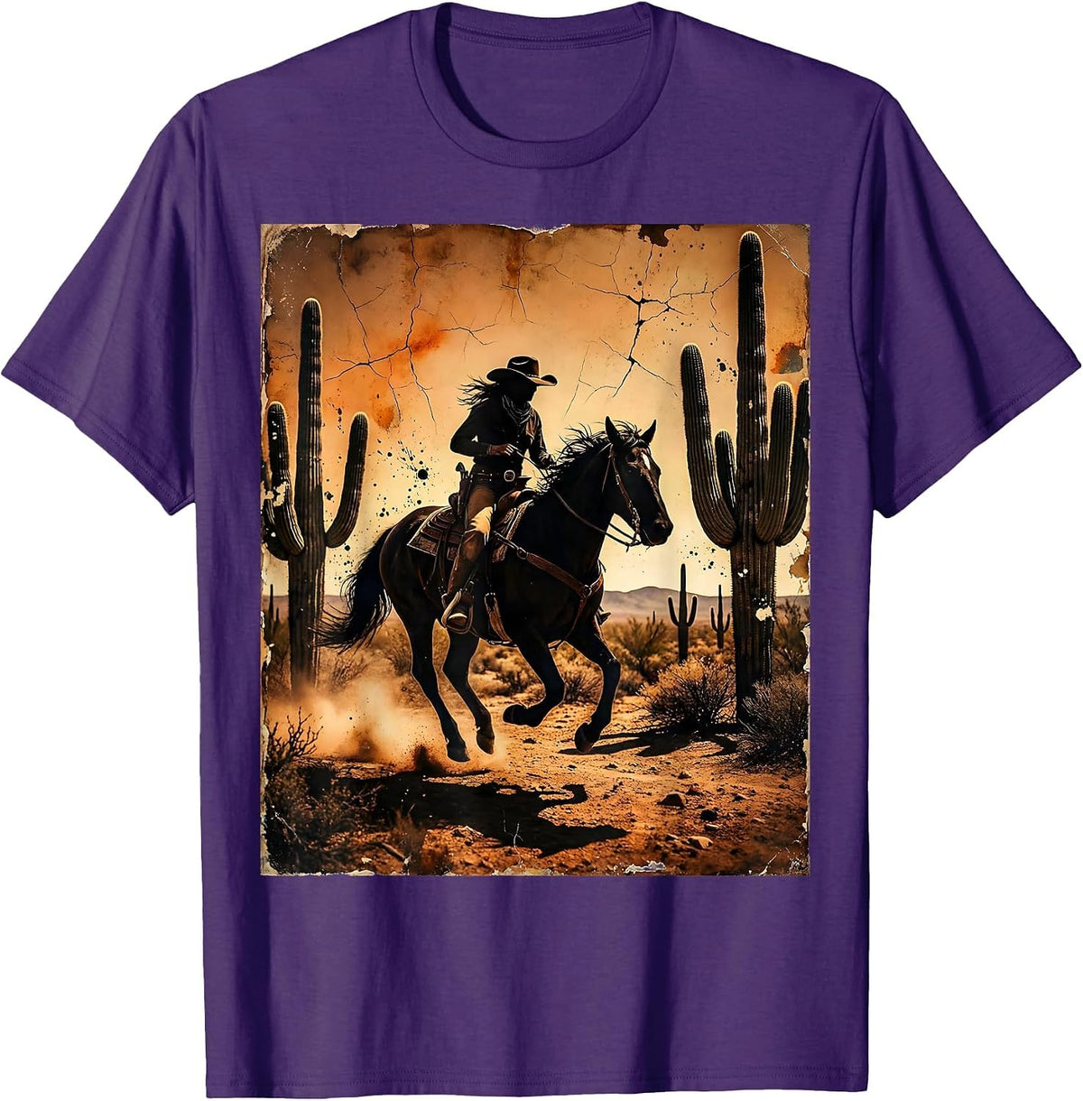 Cowgirl Riding Horse Desert Cactus Rodeo T-Shirt - Purple