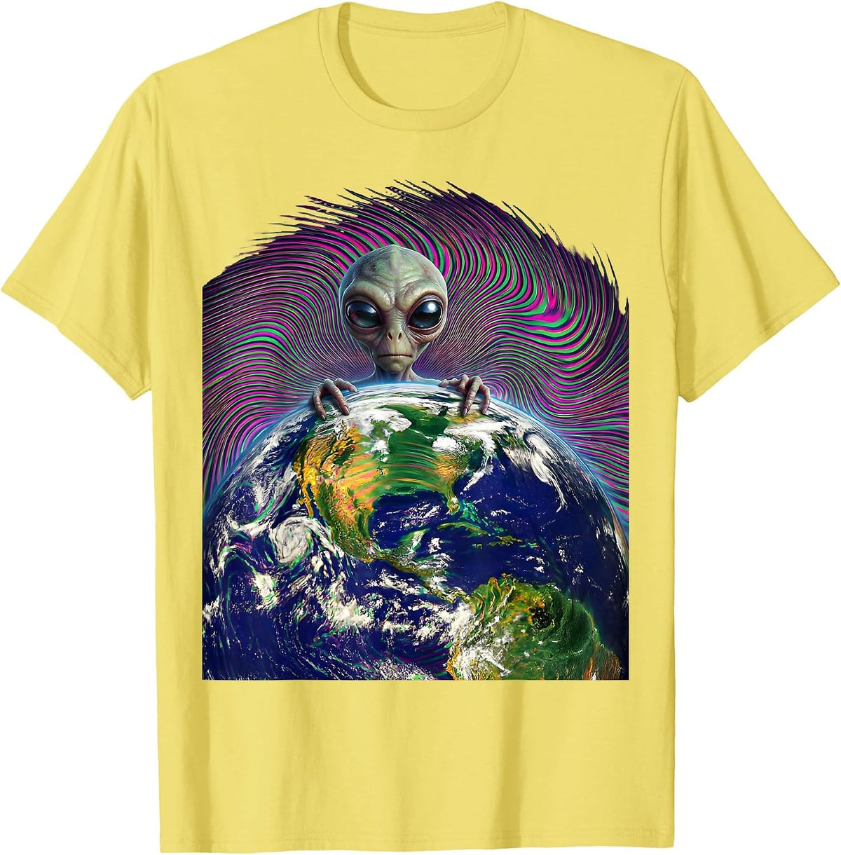 Men's Tiny Alien Peeking Over Earth's Horizon T-Shirt - Lemon Yellow