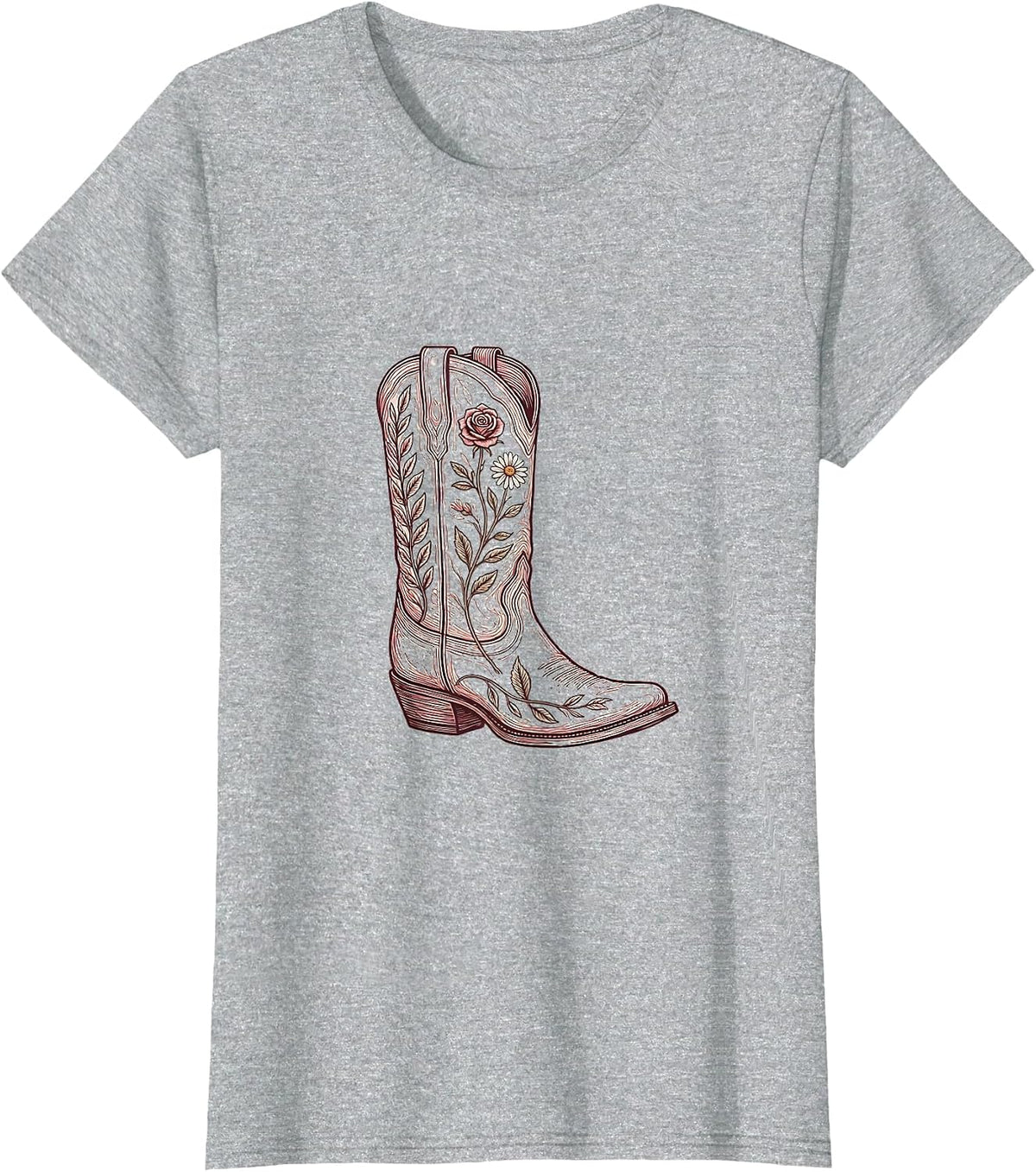 Cowgirl Boots Floral Embroidery Western Design T-Shirt - Heather Grey