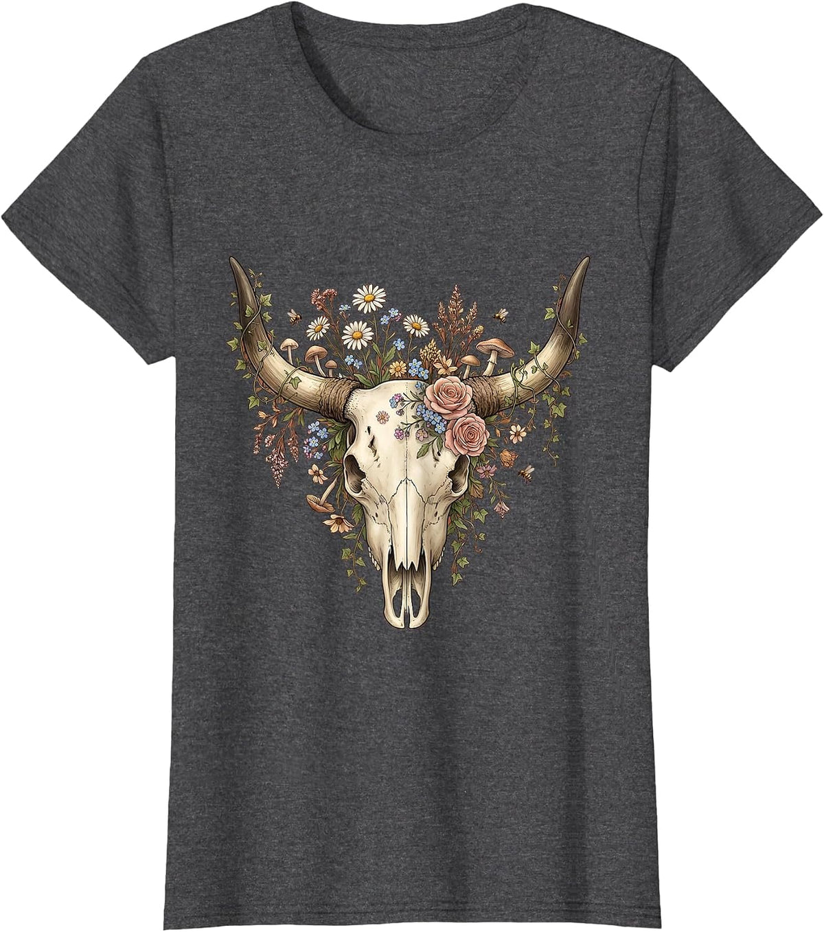 Women's Longhorn Skull Floral Crown Western Boho Design T-Shirt - Dark Heather Grey