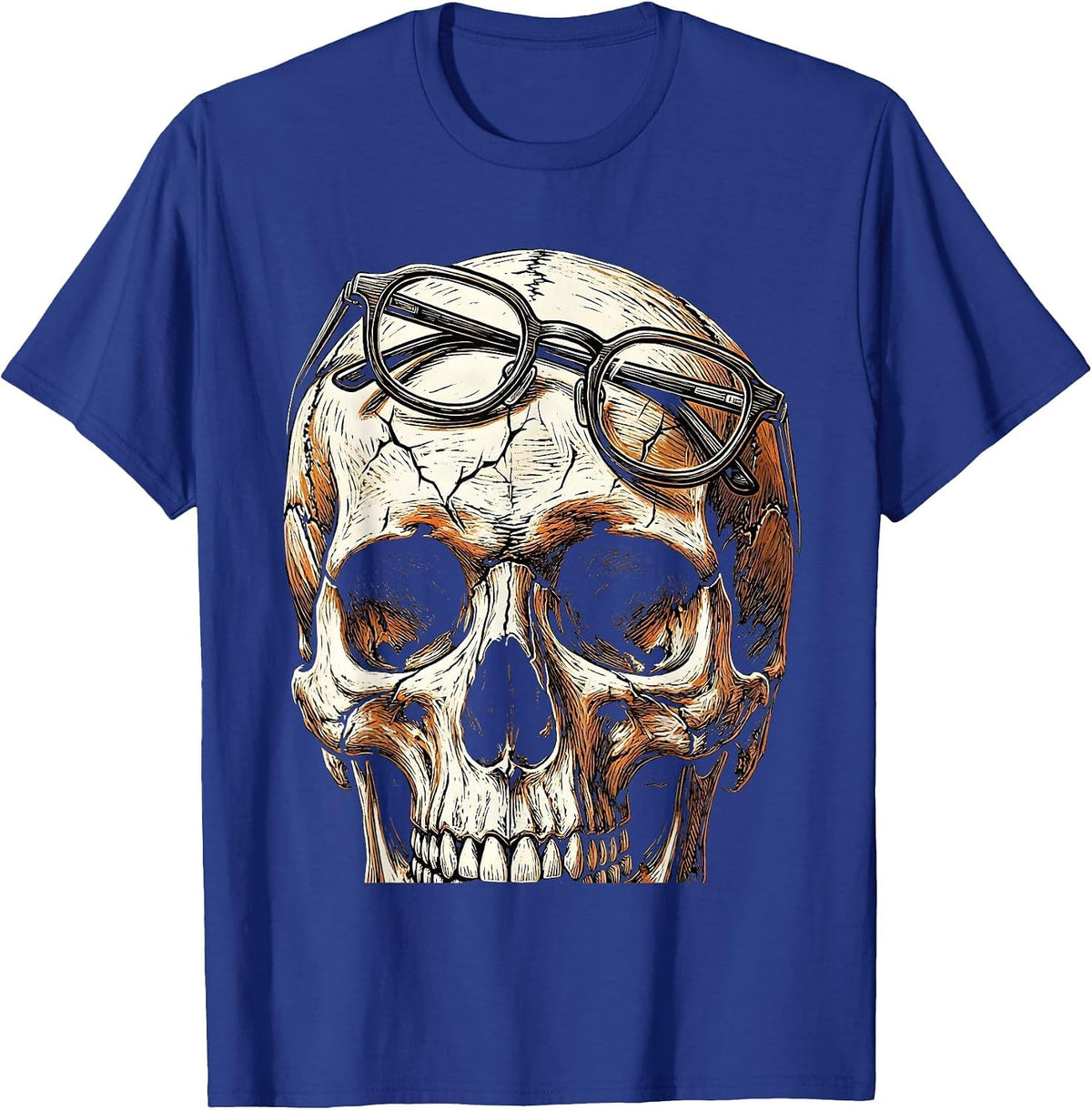 Elder Emo Skull With Reading Glasses Design T-Shirt - Royal Blue