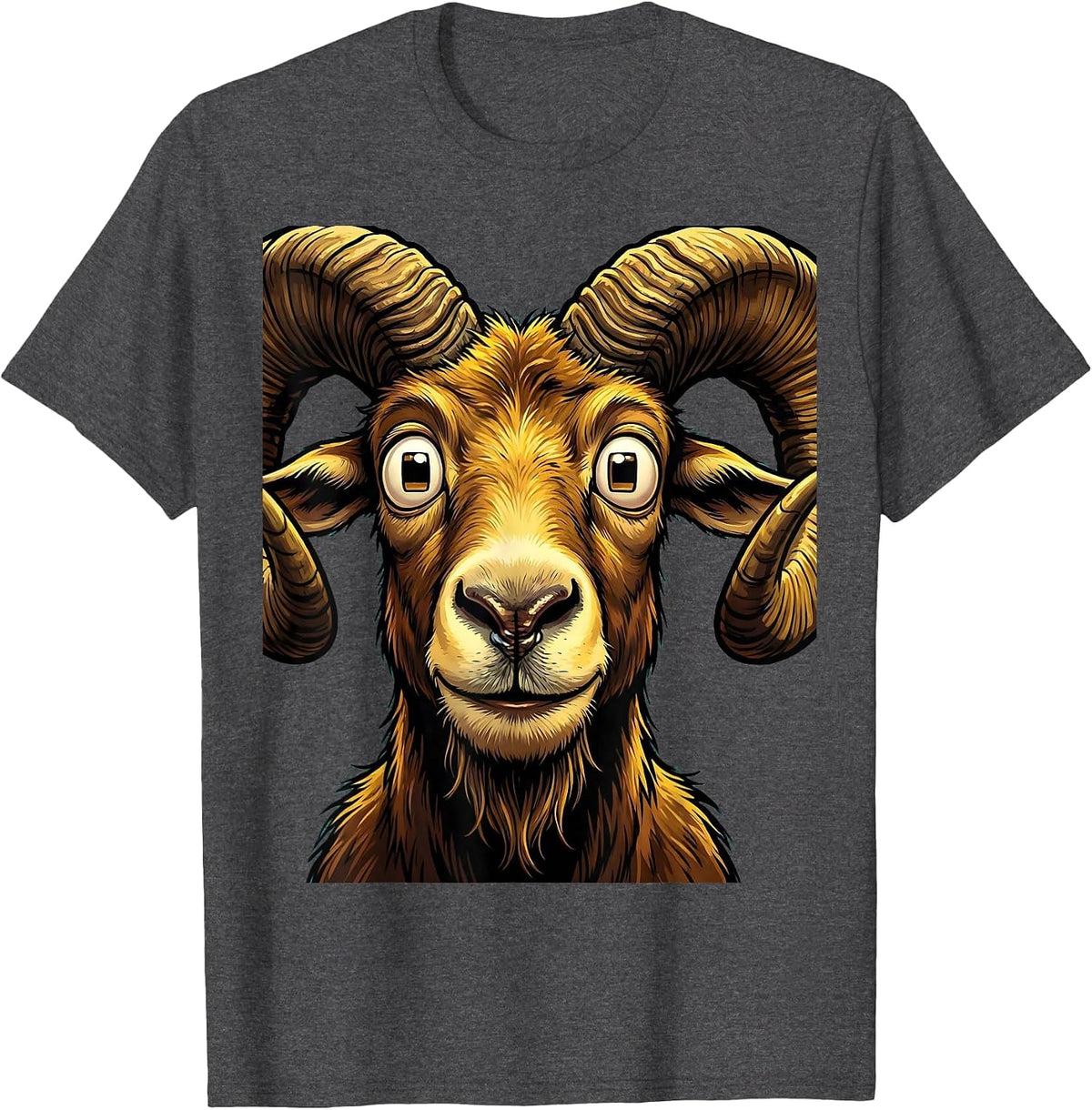 Close-Up Goat Face With Dramatic Curved Horns T-Shirt - Dark Heather Grey