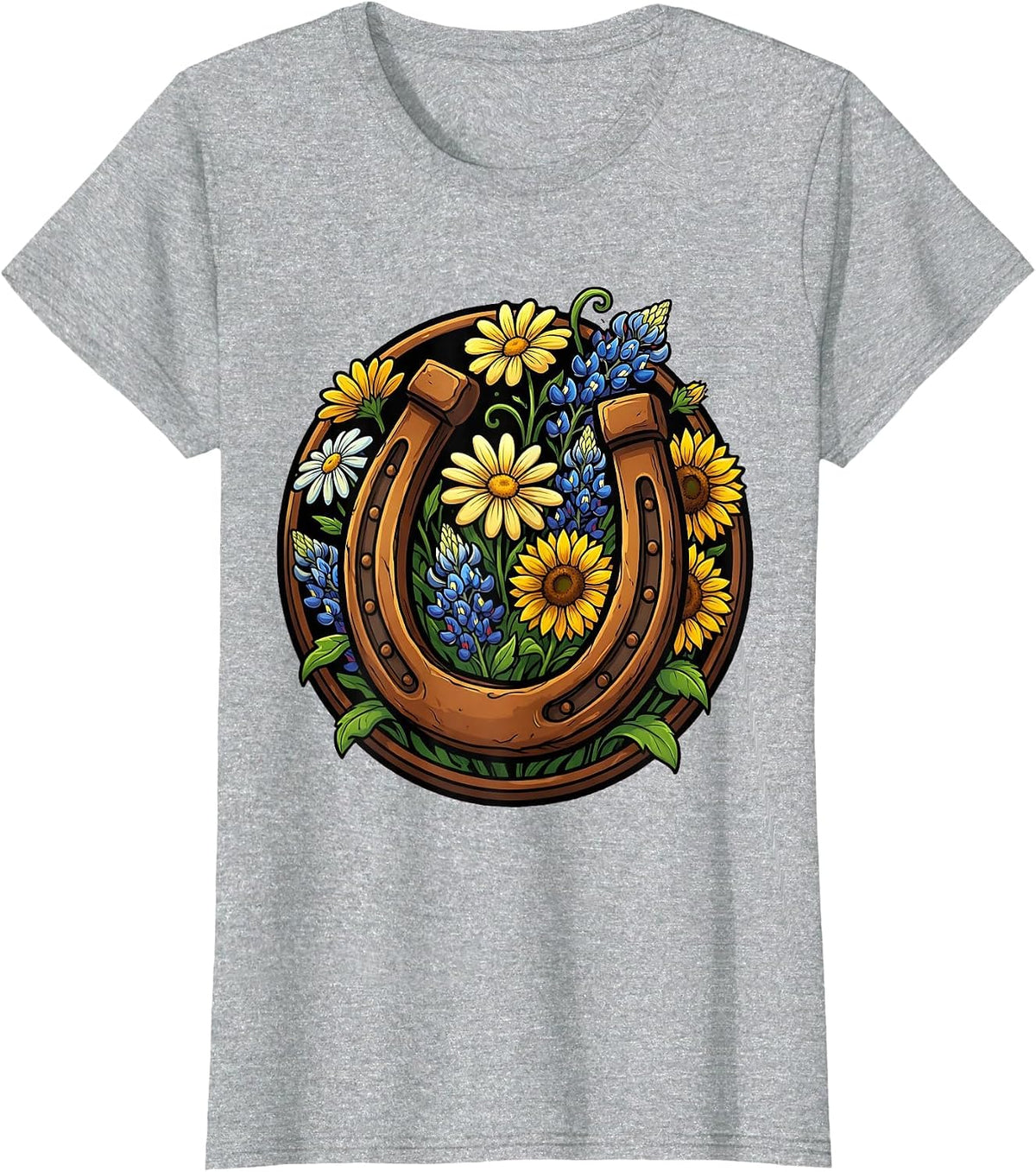 Horseshoe Wildflowers Western Floral Boho Design T-Shirt - Heather Grey