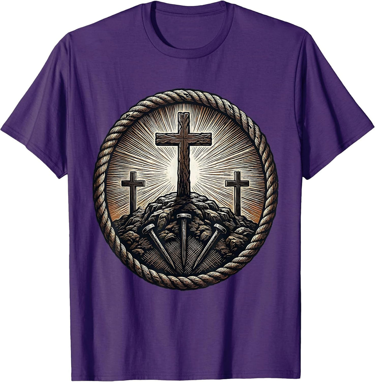 3 Nails Cross Hilltop Sunset Silhouette Design T-Shirt - Purple