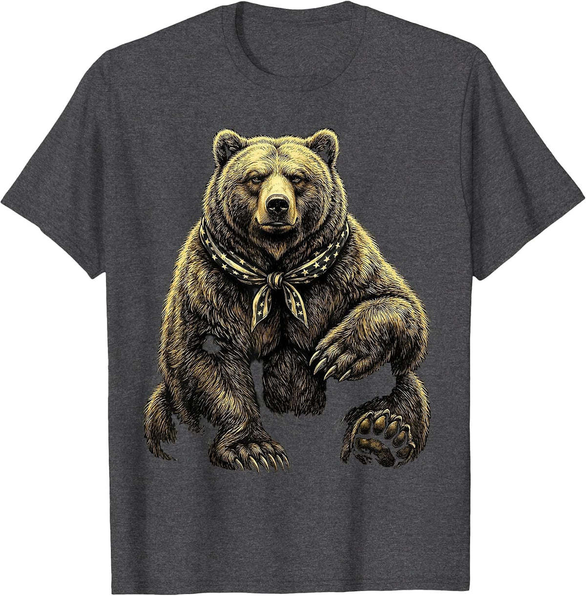 Patriotic Grizzly Bear Stars and Stripes Bandana T-Shirt - Dark Heather Grey