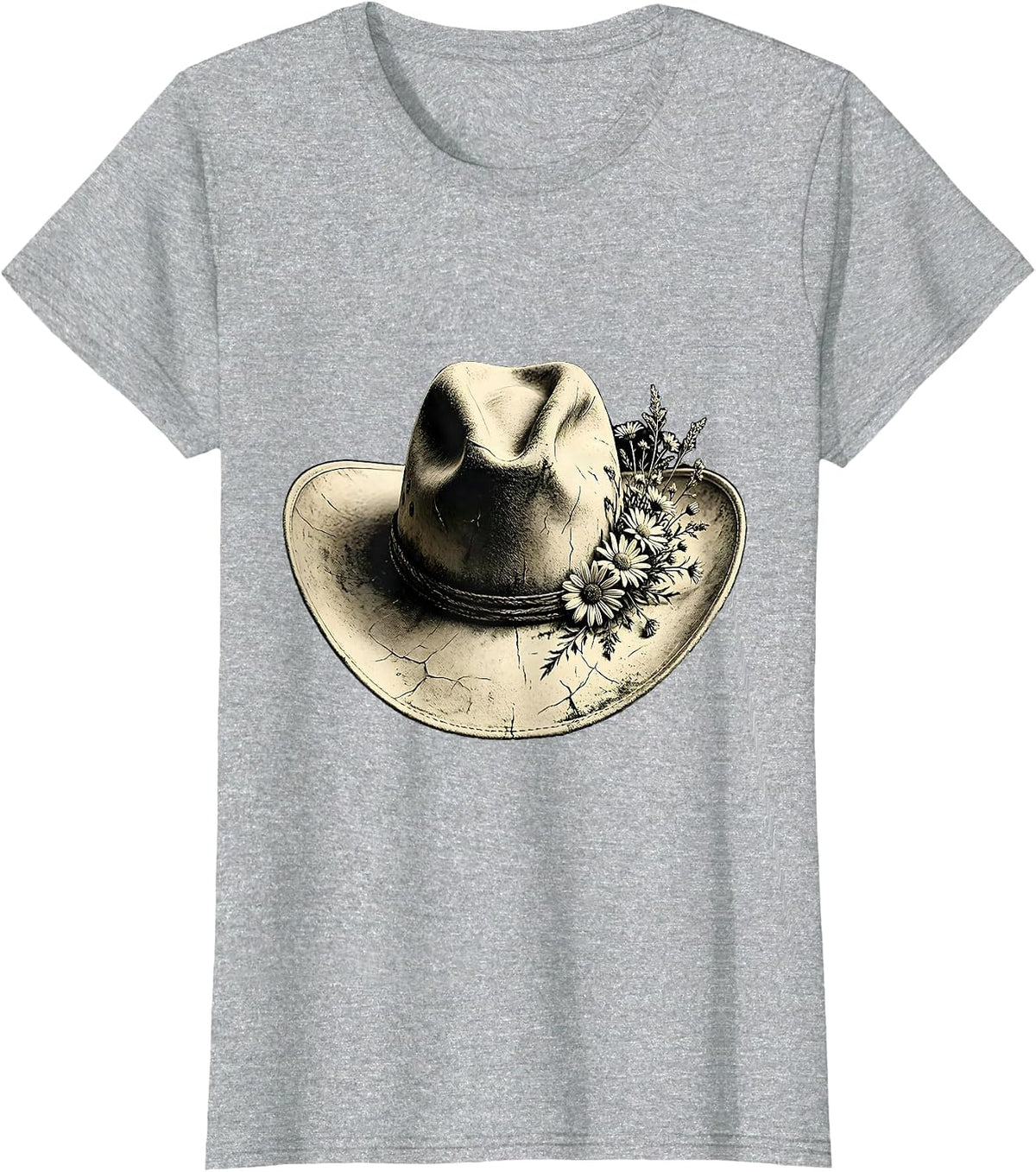 Cowgirl Hat Wildflowers Western Floral Illustration T-Shirt - Heather Grey