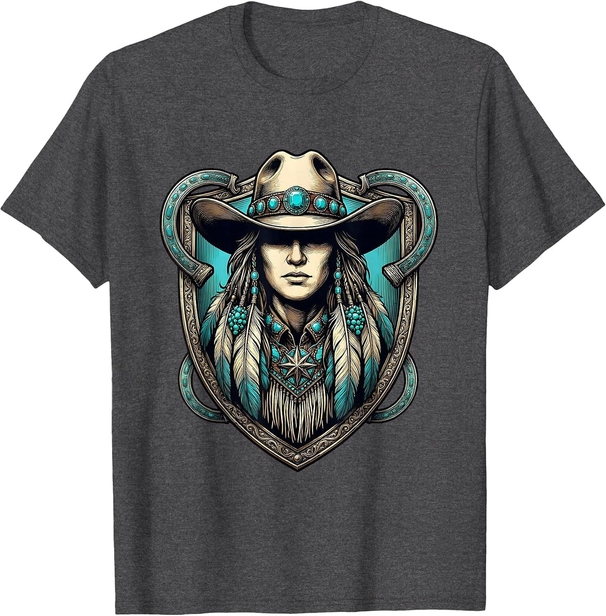 Cowgirl Turquoise Jewelry and Fringe Illustration T-Shirt - Dark Heather Grey