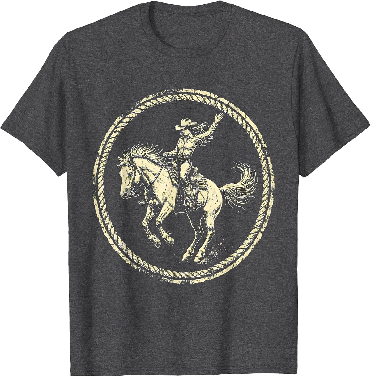 Men's Cowgirl Bucking Bronco Rodeo Rider Illustration T-Shirt - Dark Heather Grey