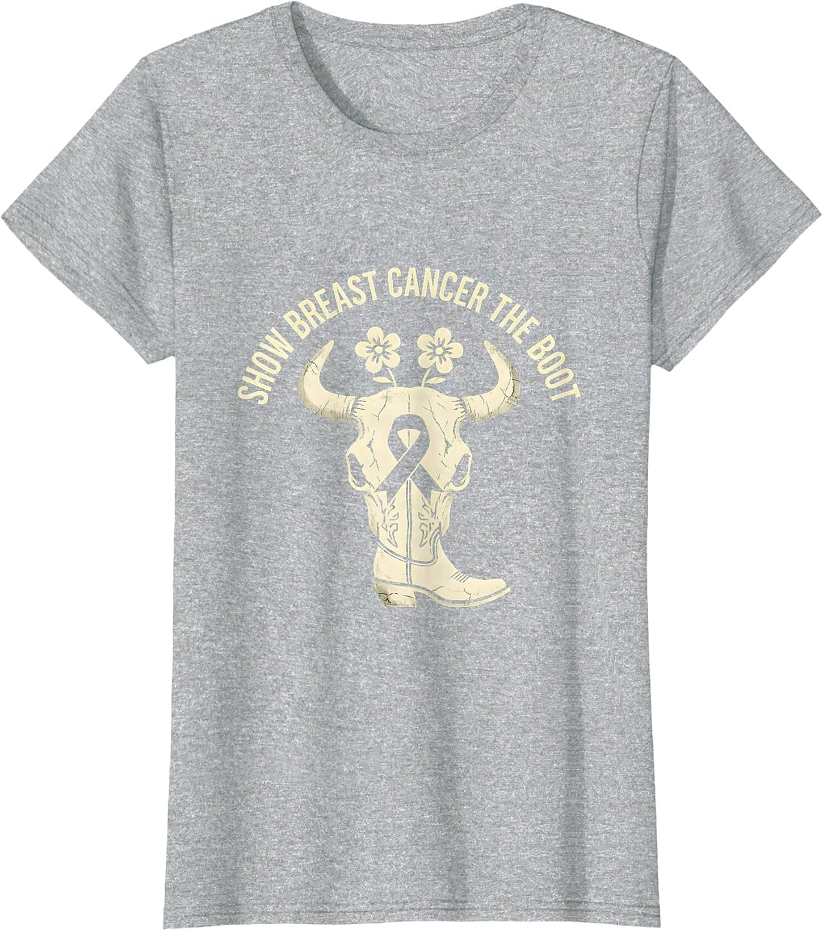 Women's Show Breast Cancer The Boot Boho Western Cowgirl Awareness T-Shirt - Heather Grey