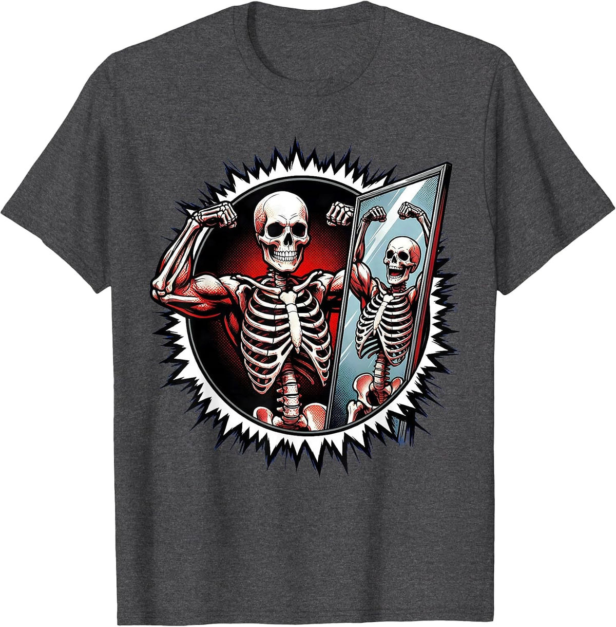 Skeleton Gym Mirror Funny Workout Graphic T-Shirt - Dark Heather Grey