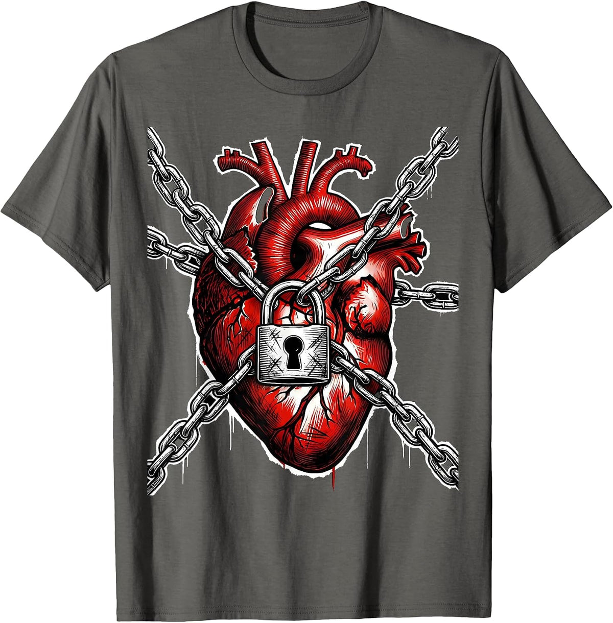 Grunge Chained Heart Padlock Graphic T-Shirt - Asphalt Grey