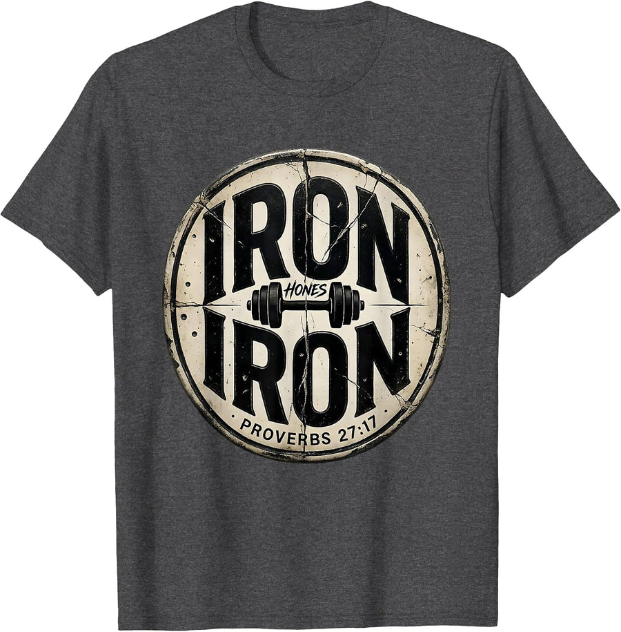 Men's Iron Hones Iron Proverbs 27:17 Christian Men Gym Workout T-Shirt - Dark Heather Grey