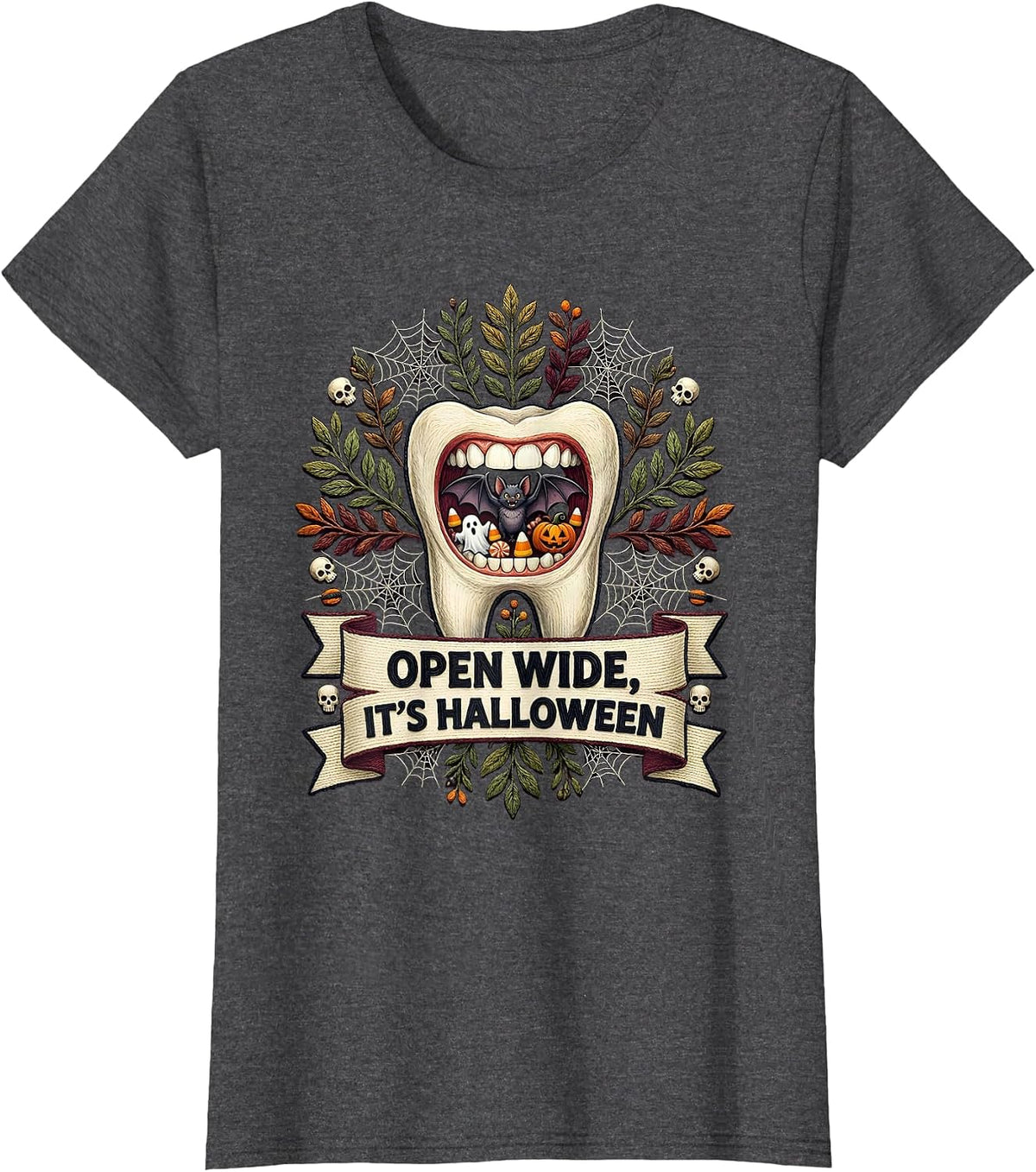 Women's Open Wide It's Halloween Dental Spooky Design T-Shirt - Dark Heather Grey