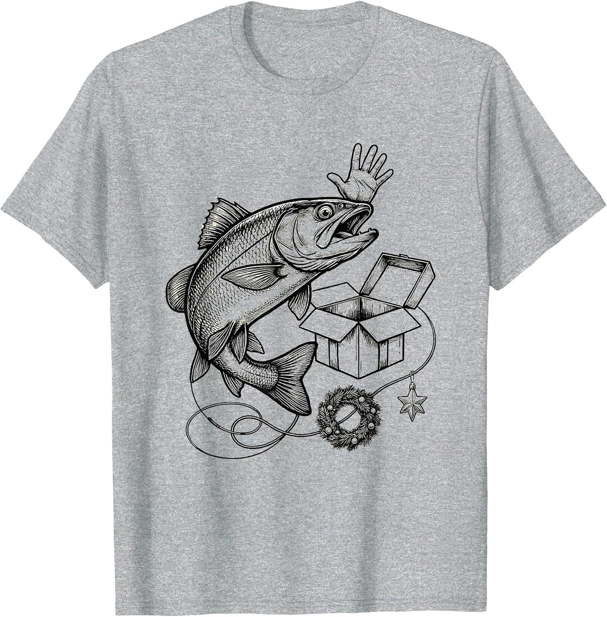 Men's Cheerful Trout Gift Box Christmas Fishing Humor T-Shirt - Heather Grey