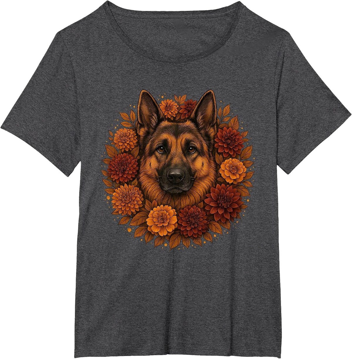Vintage German Shepherd Autumn Floral Dog Fall Flowers T-Shirt - Dark Heather Grey