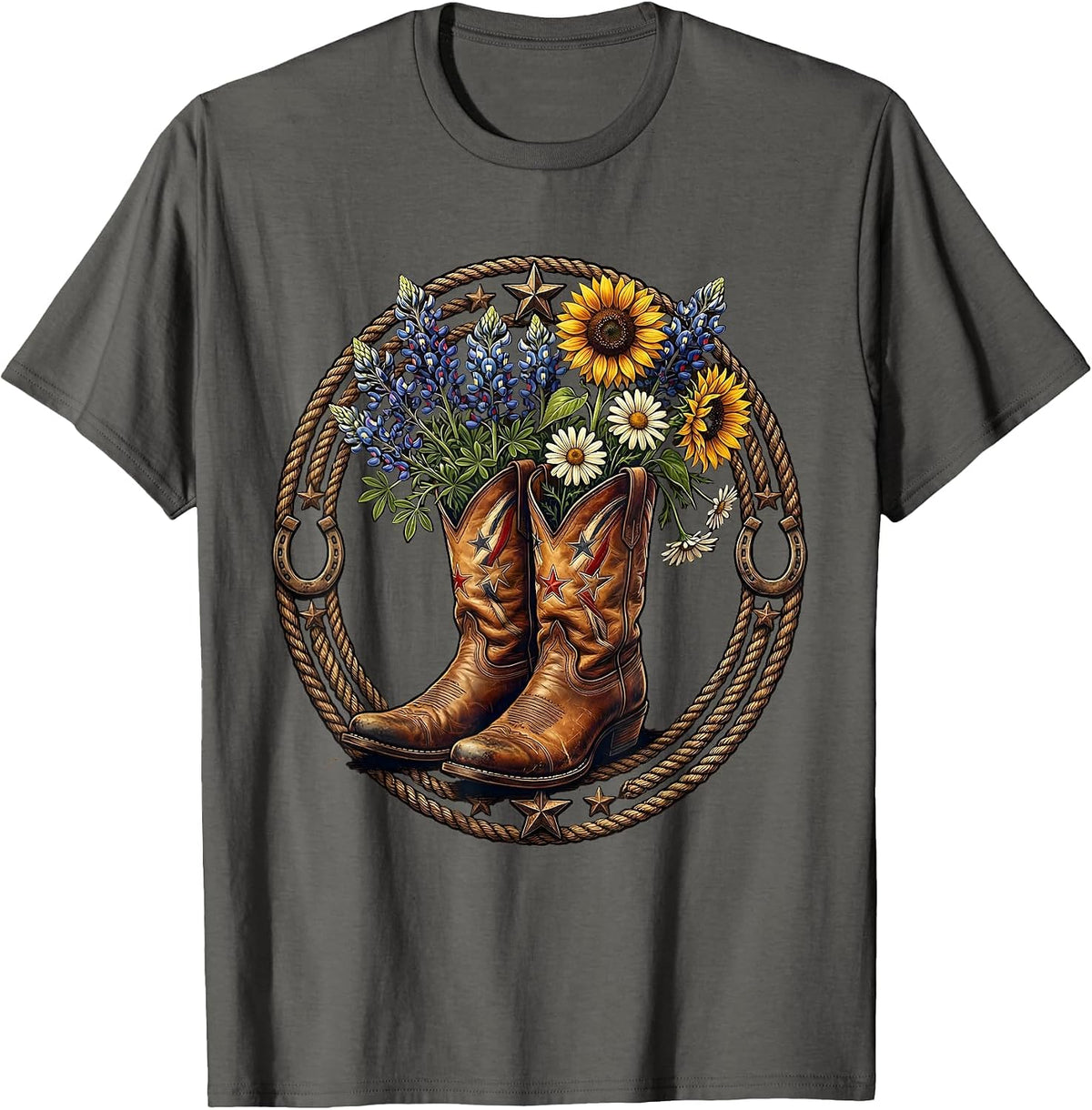 Men's Cowboy Boots Wildflowers Boho Western Floral Art T-Shirt - Asphalt Grey