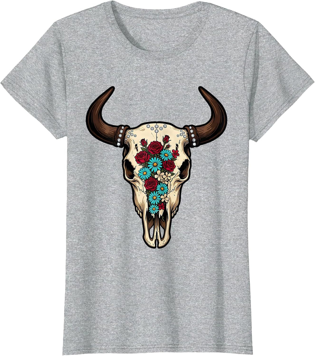 Women's Bull Skull Wildflowers Boho Western Floral Illustration T-Shirt - Heather Grey