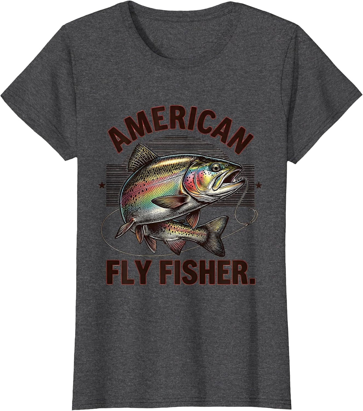 Women's American Fly Fisher Vintage Engraved Trout Patriotic Camo T-Shirt - Dark Heather Grey