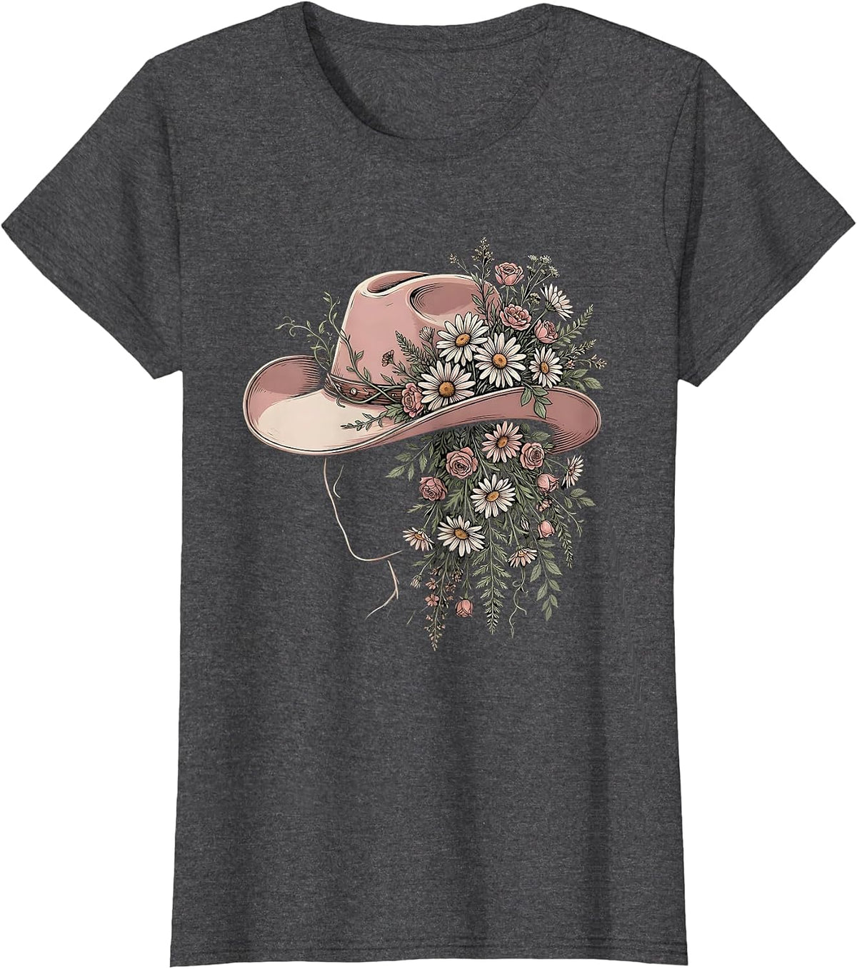 Women's Wildflower Cowboy Hat Western Boho Illustration T-Shirt - Dark Heather Grey