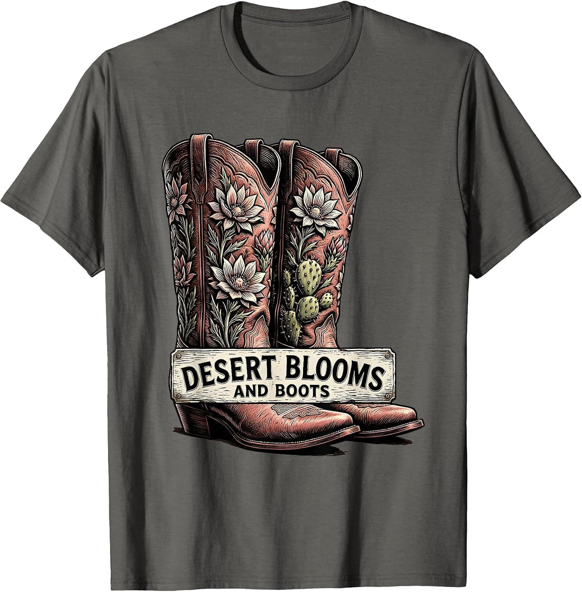 Desert Blooms and Boots Western Nature Design T-Shirt - Asphalt Grey