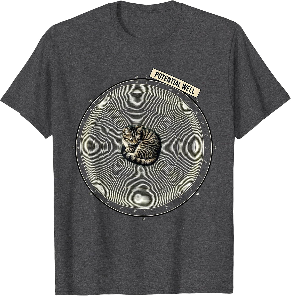 Men's Potential Well Topographic Contour Funny Cat Science Pun T-Shirt - Dark Heather Grey