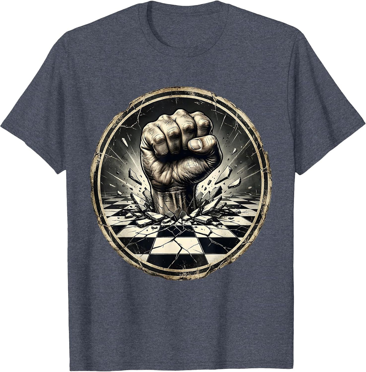 Fist Through Checkered Floor Graphic Design T-Shirt - Heather Blue