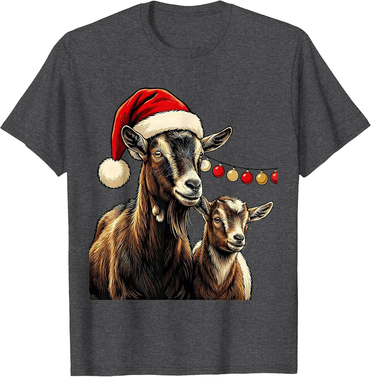 Goat Santa Hat Farm Animal Christmas Lights Novelty T-Shirt - Dark Heather Grey