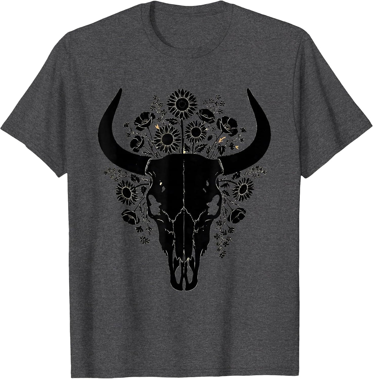 Men's Bull Skull Wildflowers Western Boho Graphic Tee T-Shirt - Dark Heather Grey