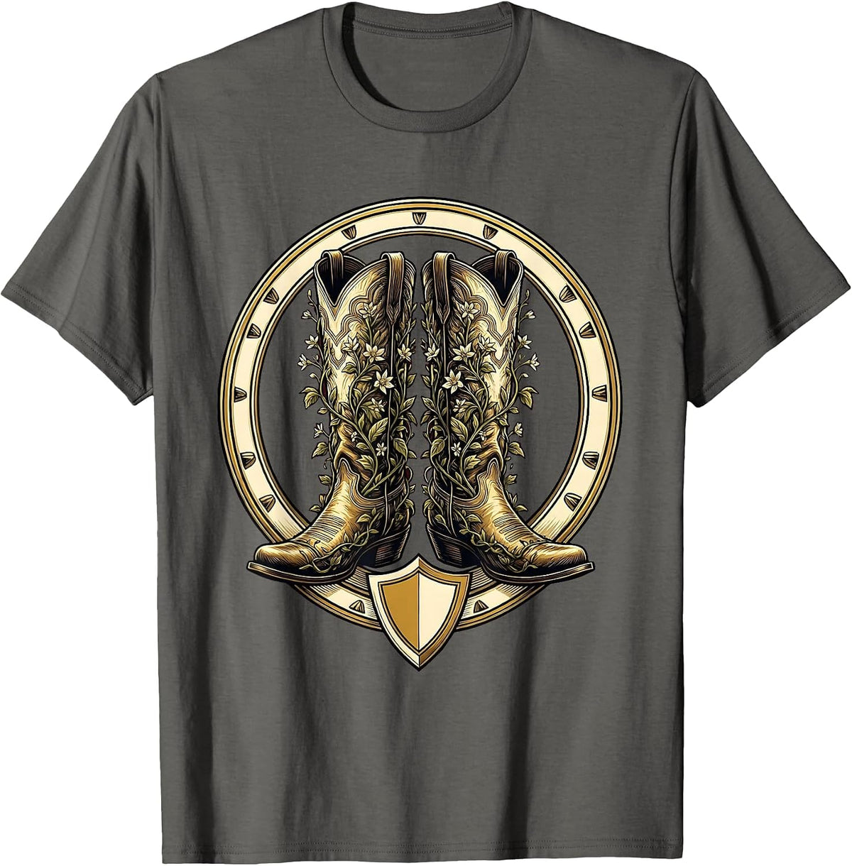 Western Boots Wildflower Vines Boho Floral Design T-Shirt - Asphalt Grey