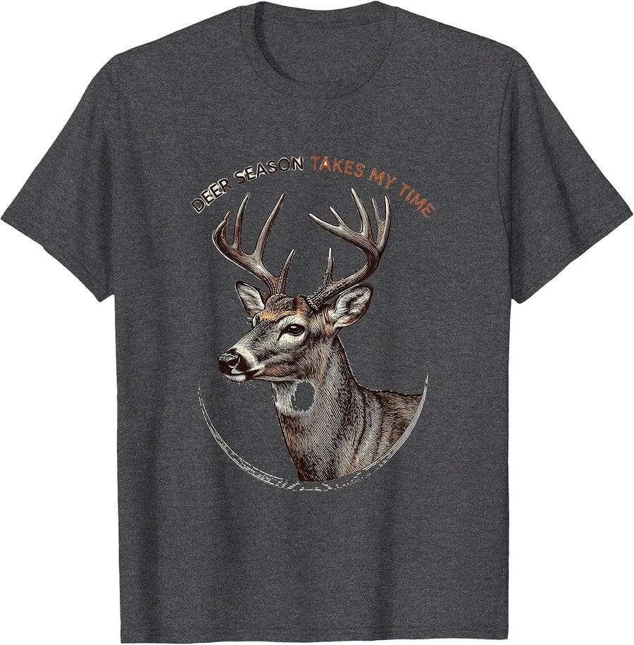 Men's Deer Season Takes My Time Funny Hunting Dad Gift T-Shirt - Dark Heather Grey