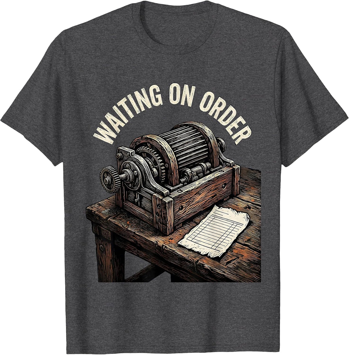 Waiting On Order Woodcut Engraving Auto Mechanic Dad T-Shirt - Dark Heather Grey