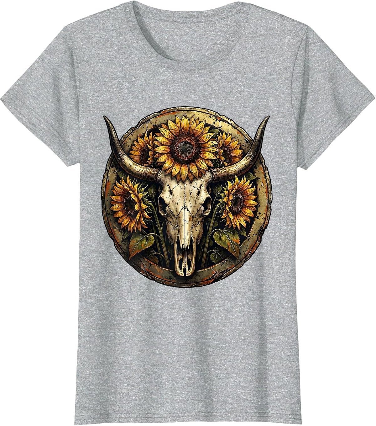 Women's Sunflower Cow Skull Western Boho Graphic T-Shirt - Heather Grey