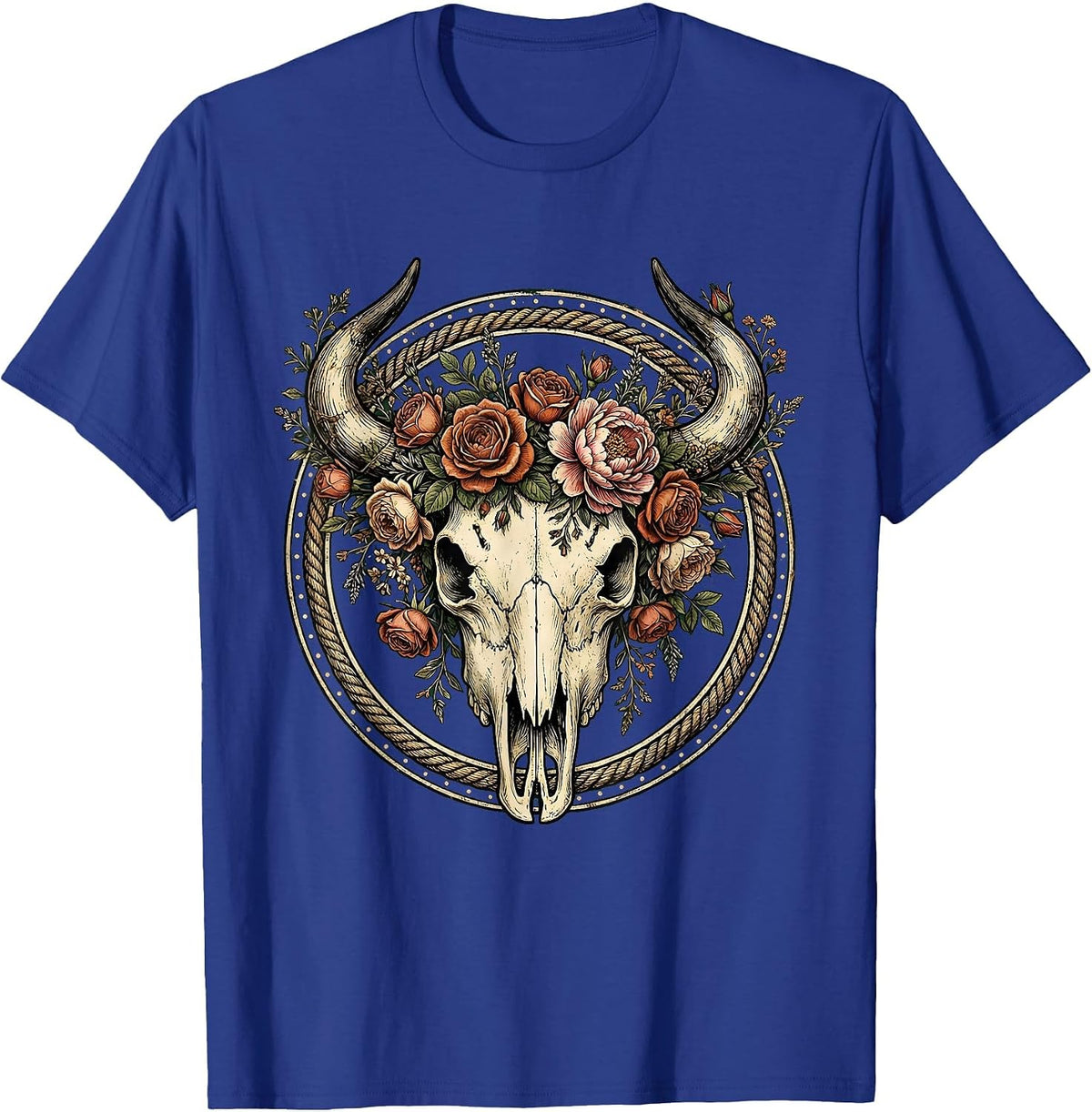 Bull Skull Floral Crown Western Boho Design T-Shirt - Royal Blue