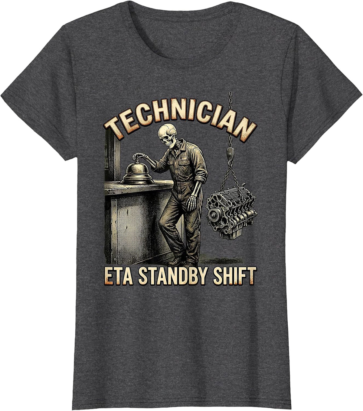 Women's Technician, ETA Standby Shift Funny Mechanic Skeleton Auto T-Shirt - Dark Heather Grey