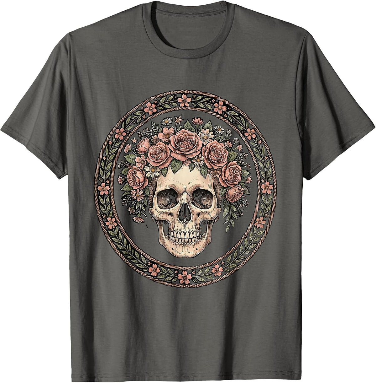 Patriotic Floral Skull Red White and Blue T-Shirt - Asphalt Grey